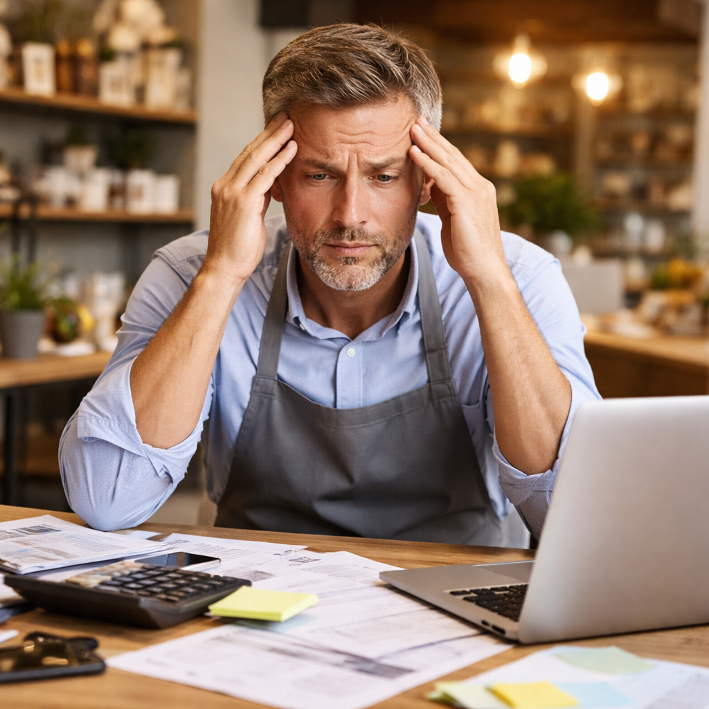 A business man sits with his head in hi hands, worried about the future.