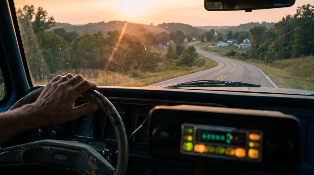 View from a pickup truck cab of a two-lane Ozarks highway at golden hour with the dashboard radio glowing, representing drive-time radio advertising reaching Branson listeners