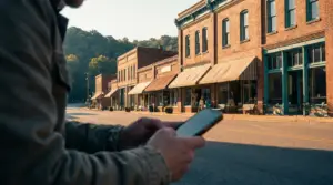 Branson main street local search - Marketing Agency in Branson MO | Smart & Simple Communications - Marketing Agency in Branson MO | Smart & Simple Communications A business owner checks his phone on a sunlit Ozarks main street lined with brick storefronts, where local customers search for nearby businesses on Google and AI assistants