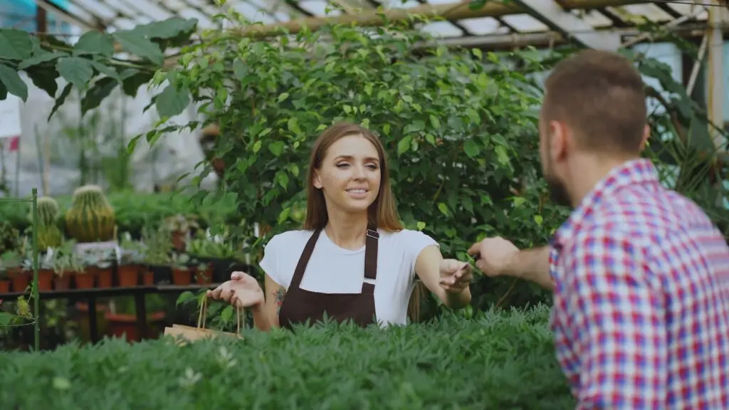 Smiling garden center owner helping a happy customer, the kind of service moment that earns a small business five star Google reviews