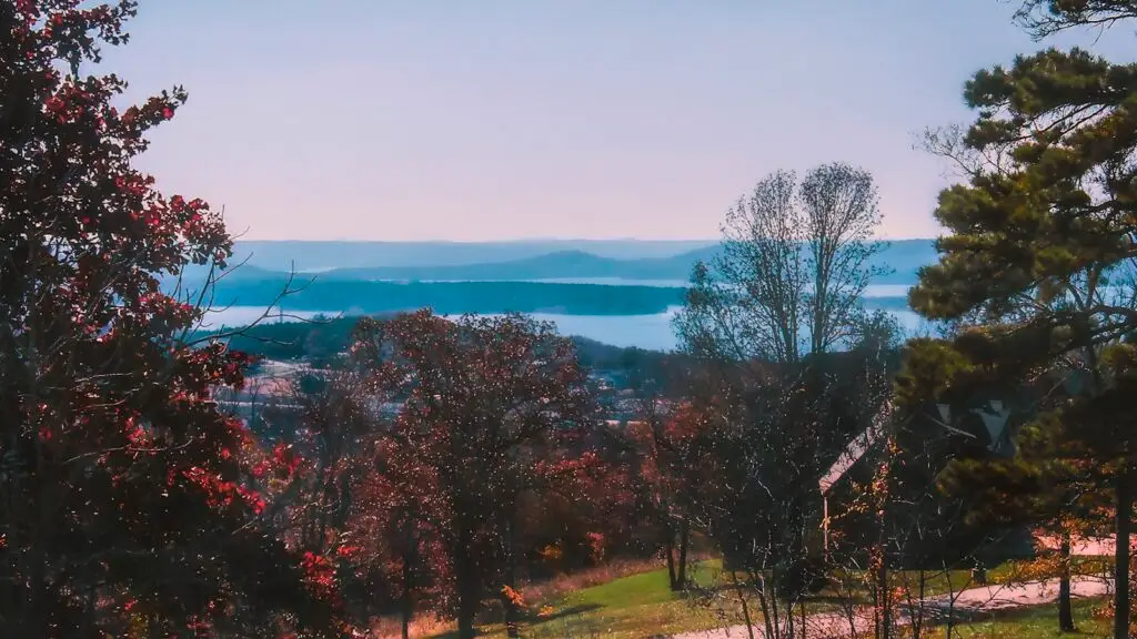 Autumn color over Table Rock Lake and the Ozark hills in Branson, Missouri, at the start of the off-season for local businesses
